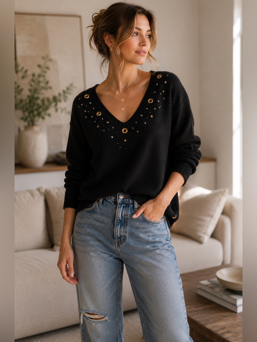 Sz XS WILDFOX  Cline Embellished Grommet Black Pullover Sweater
